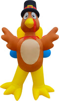 Brown turkey inflatable in a black pilgrim hat with wings spread and yellow feet