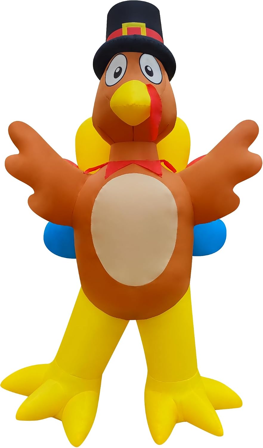 Brown turkey inflatable in a black pilgrim hat with wings spread and yellow feet