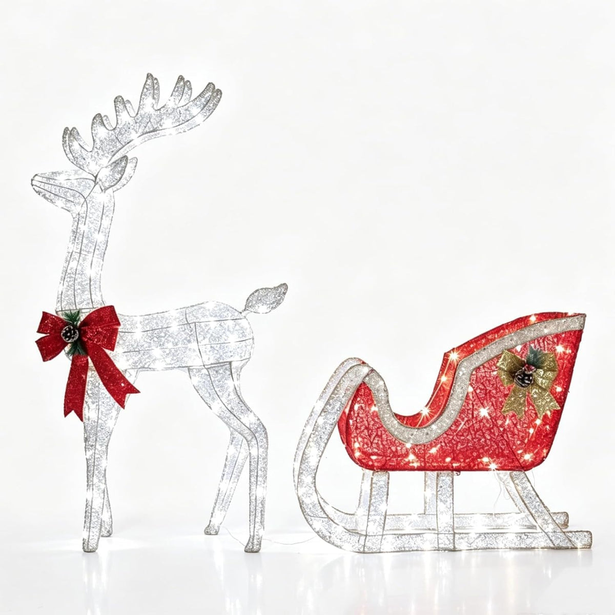 4 ft Lighted Reindeer and Sleigh Christmas Set, White