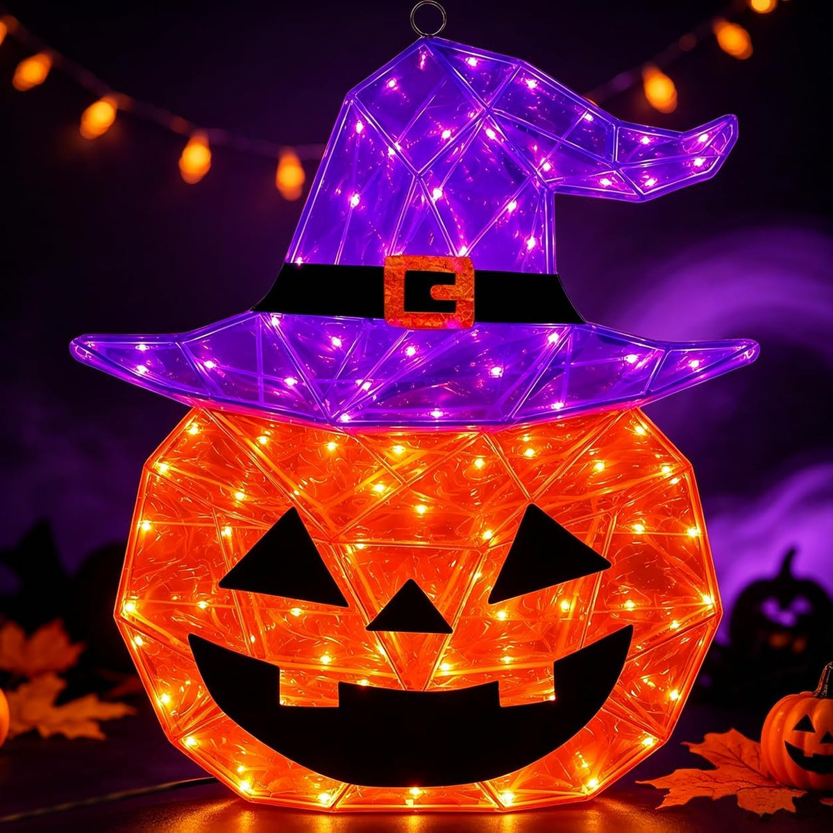 24 in Pre-Lit Halloween Pumpkin with Witch Hat, 85 LEDs