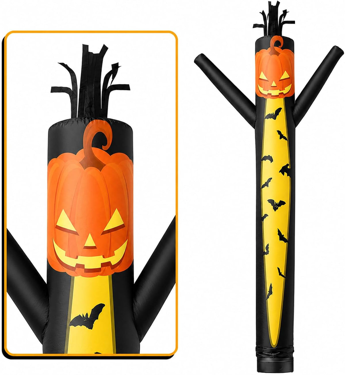 Black and yellow pumpkin-face tube man inflatable with waving arms and bat prints