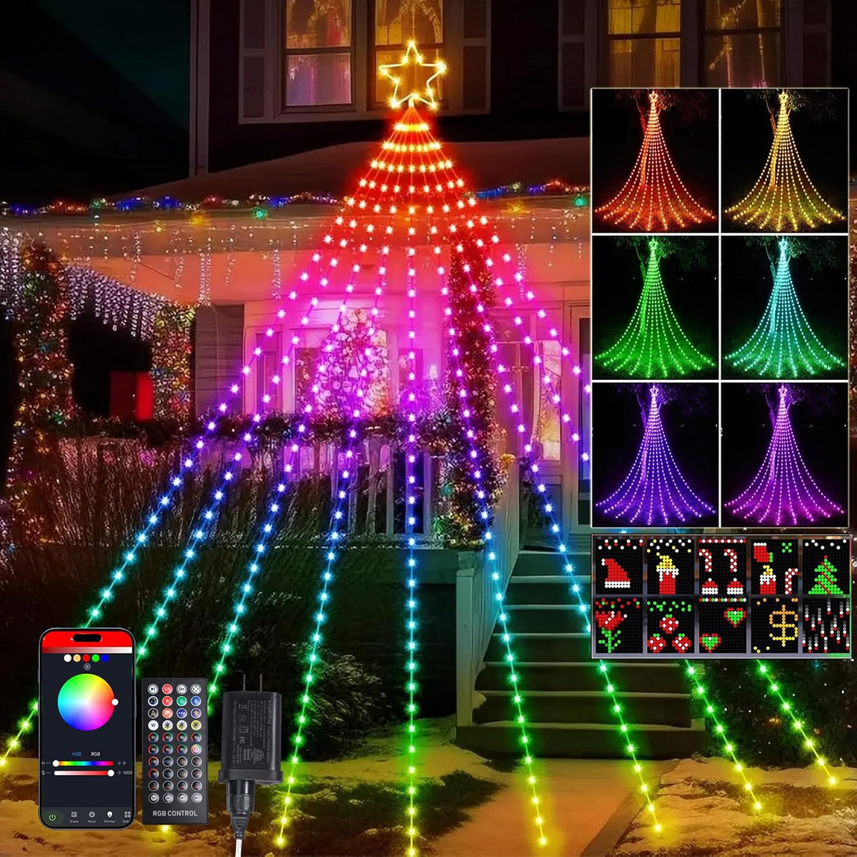 16.4 ft Star Waterfall Christmas Tree Lights, 315 LEDs with Remote