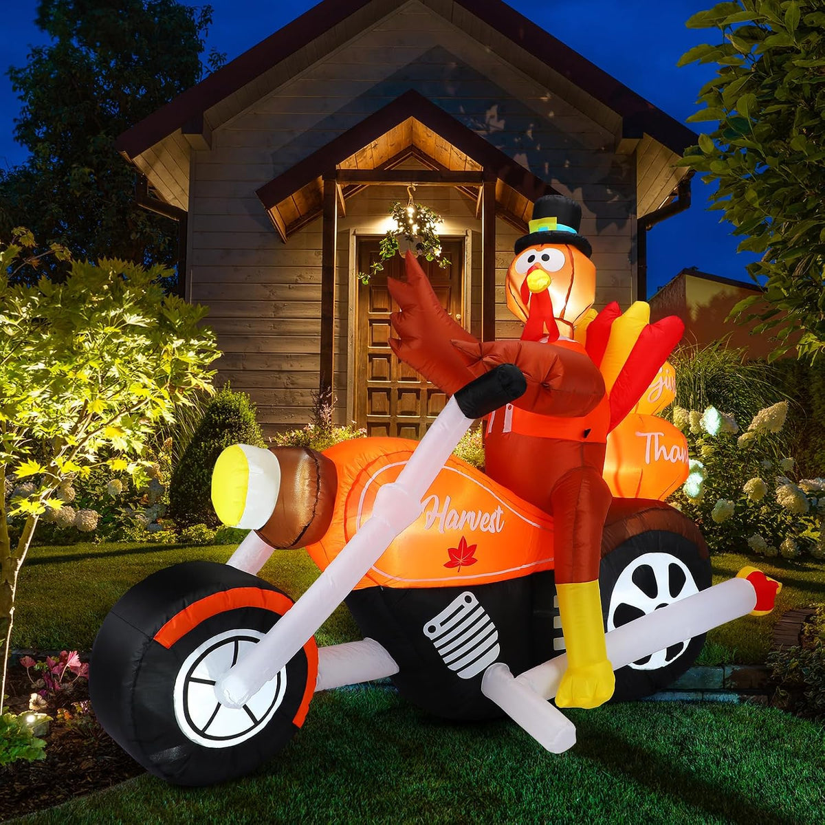 Leyndo 7 Feet Thanksgiving Inflatable Turkey Riding Motorcycle Yard Decor / Fall Thanksgiving Party