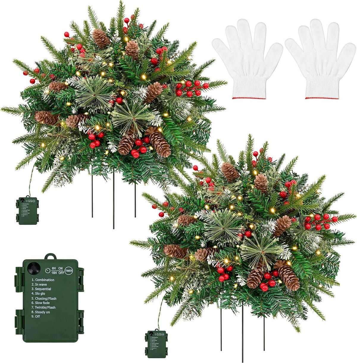 2-Pack 24 in Lighted Christmas Urn Fillers, 8 Light Modes