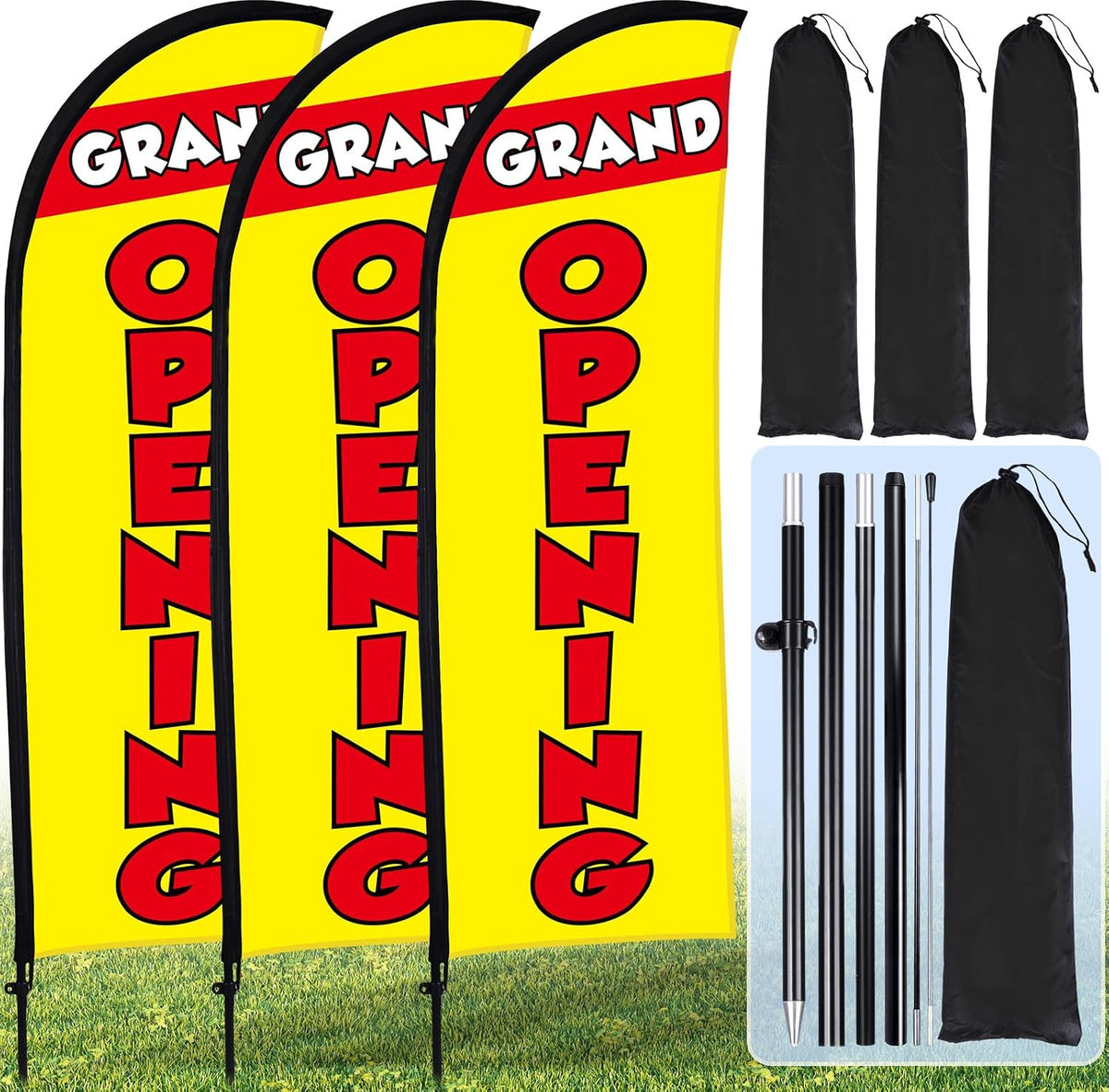 Grand Opening Feather Flag Set of 3 with Poles, 7 ft Yellow